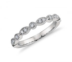 18ct White Gold Miligrain Diamond Marquise Shaped And Round Diamond Wedding Band