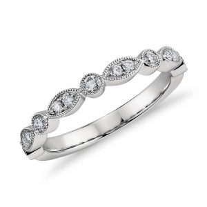 18ct White Gold Miligrain Diamond Marquise Shaped And Round Diamond Wedding Band