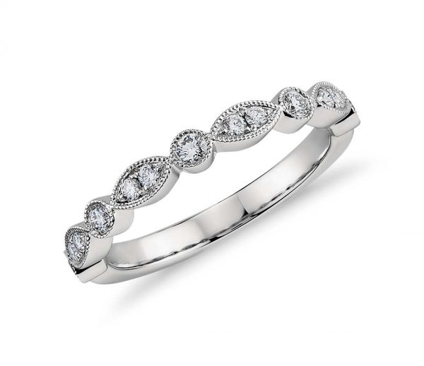 18ct White Gold Miligrain Diamond Marquise Shaped And Round Diamond Wedding Band