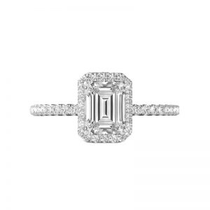 18ct White Gold Emerald Cut Halo Engagement Ring.
