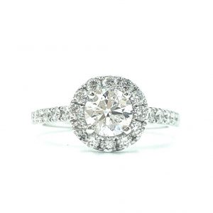 brilliant cut halo featuring diamonds set allong the band.