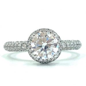 18ct White Gold Round Brilliant Cut Pave Style Halo Engagement Ring.