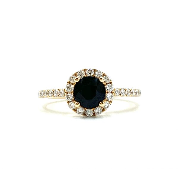 18ct Rose Gold Australian Dark Sapphire Halo Ring. (D)23565