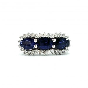 18ct white gold oval trilogy sapphire and diamond