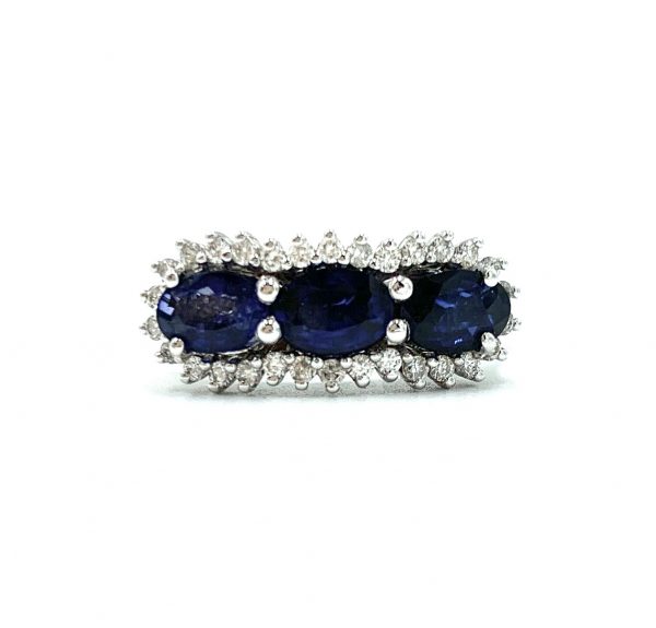 18ct white gold oval trilogy sapphire and diamond
