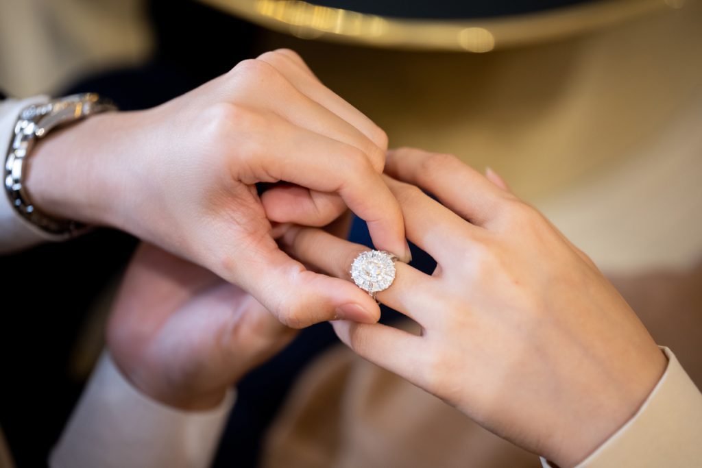 Testing out a diamond wedding ring.