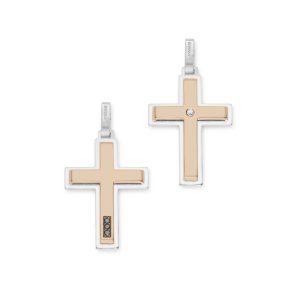 “Barakà Nexus Cross CR314111 pendant in 18k yellow and white gold with black and white diamonds, featuring a modern geometric cruciform design”