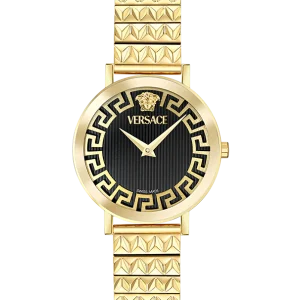 "Versace Daedalus VE9A00524 women’s gold-tone watch with black guilloché dial, Medusa logo at 12 o’clock, and stainless steel bracelet"