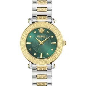 Versace Greca Sphere VE9C00424 women's stainless steel watch with silver sunray dial and Greca bezel