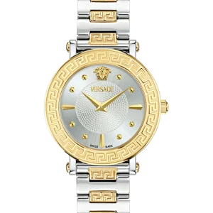 Shop the Versace Greca Sphere VE9C00524 women's watch—35mm two-tone stainless steel and gold case, silver sunray dial, Swiss quartz movement, and sapphire crystal."