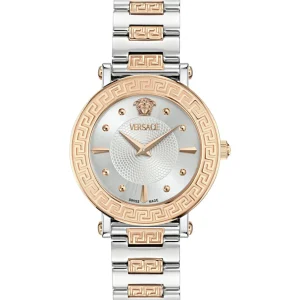 Versace Greca Sphere women's watch VE9C00624 with 35mm stainless steel case, Greca bezel, and silver dial"