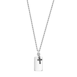 Hoxton London men's sterling silver dog tag necklace with black sapphire inlay