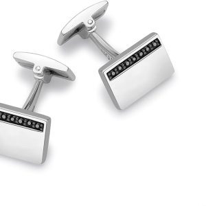 Hoxtons Mens Silver Cufflinks with black sapphire set, elegant and polished accessory for formal wear