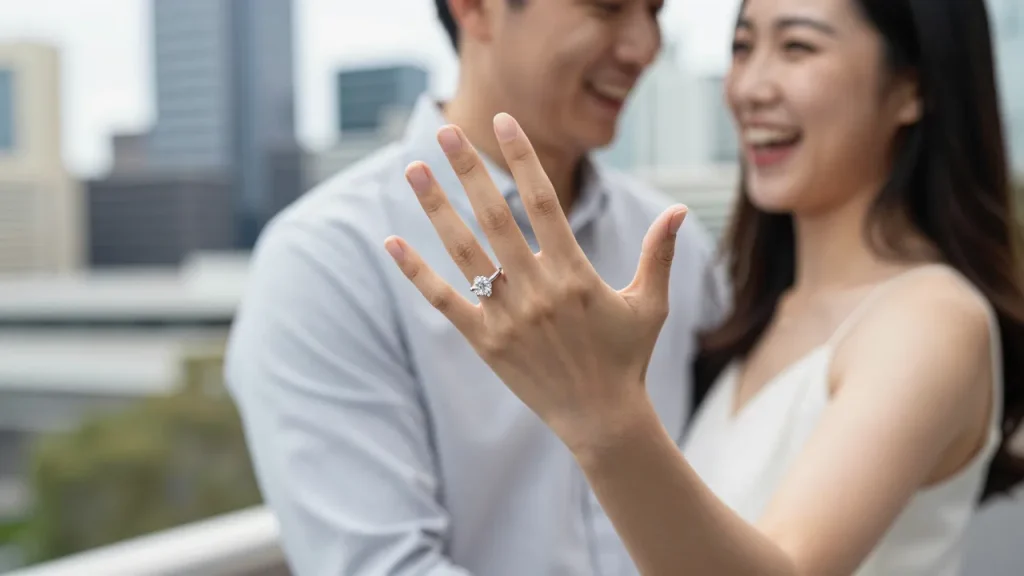 Happy couple with engagement ring Melbourne Franco Jewellers